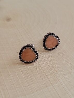 Vintage Pink Enamel and Silver Heart Post Earrings